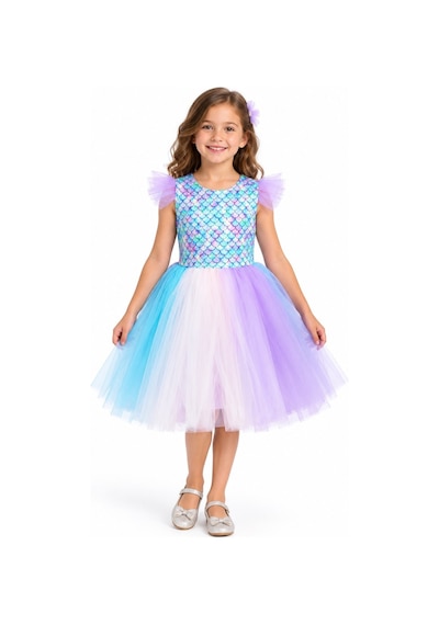 Esila Kids Kız Çocuk Elbise Deniz Kızı Desenli 1-8 Yaş Çok Renkli
