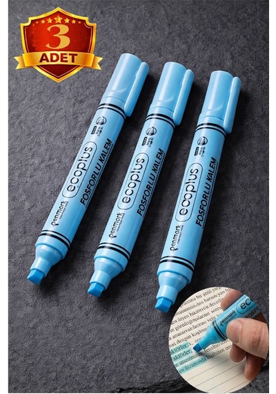 Açık Mavi Fosforlu Kalem Neon Renkli 3 Adet Kesik Uç 1-5mm İşaretleme Kalemi Canlı Renk Okul Ofis Tipi İşaretleme Kalemi
