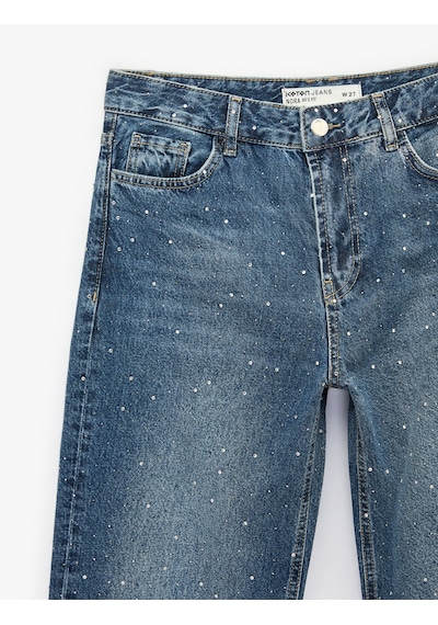 Koton Taş Detaylı Yüksek Bel Düz Paça Denim Pantolon- Straight Jeans Orta İndigo 7wal40097md Koton Taş Detaylı Yüksek Bel Düz Paça Denim Pantolon- Straight Jeans Orta İndigo 7wal40097md