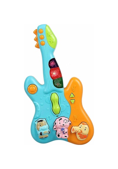 Hayvan Sesleri Çıkaran Işıklı Ninnili Müzikli Gitar İnteraktif Bebek Eğitici Tuşlu Oyuncak - Mavi