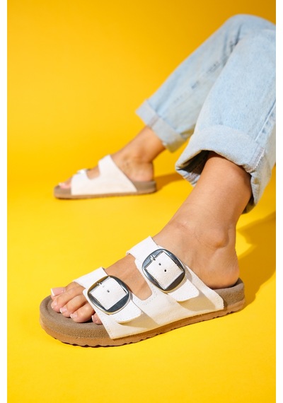 Luvishoes Luvi Shoes Ovesta Beyaz Süet Hakiki Deri Çift Bantlı Kadın Terlik Beyaz