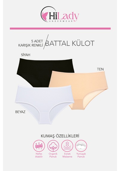 Kadın Külot, Orta Yüksek Bel Büyük Beden Külot 4xl-5xl-6xl 5 Adet, Yumuşak Pamuklu Rahat Kumaş Siyah - Beyaz - Ten