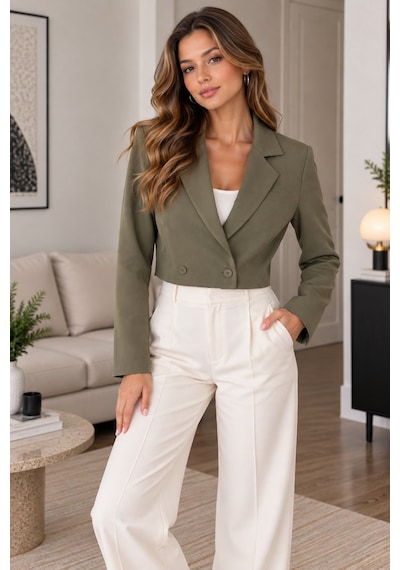 Lima Haki Kadın Crop Blazer Ceket Kruvaze Yaka Çift Düğmeli Kısa Ceket