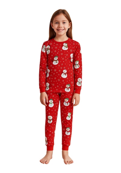 Zuzunga Unisex Yılbaşı Kardan Adam Desenli Çocuk Pijama Takımı Lacivert