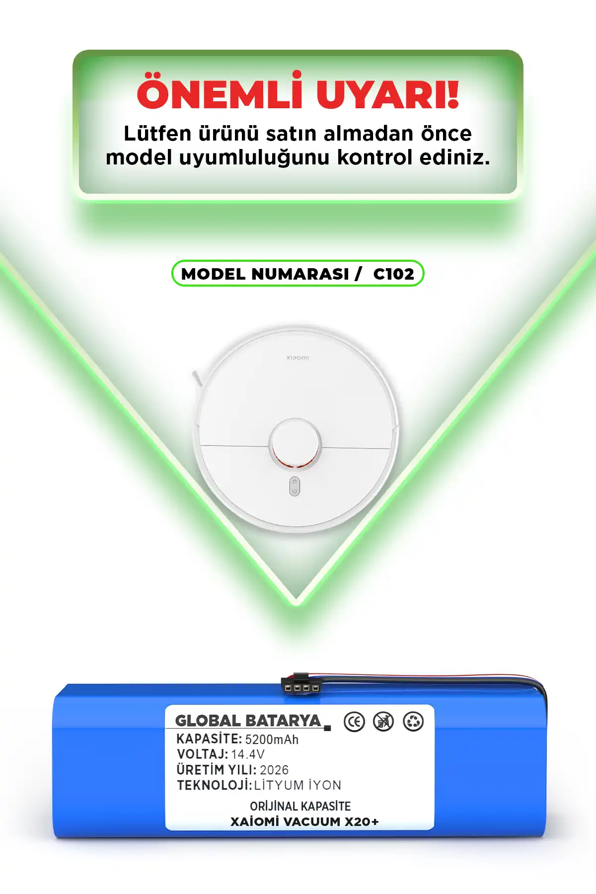 Xiaomi Vacuum X20+ Uyumlu Robot Süpürge Batarya 14.4v 5200mah Li-ıon Pil  Kapasite