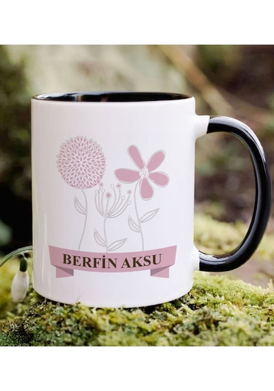Bk Gift Kişiye Özel İsimli Çiçek Tasarımlı Siyah Kupa Bardak- 18, Arkadaşa Hediye, Sevgiliye Hediye, Doğum Günü Hediyesi Kobitmeyencom34688 Bk Gift
