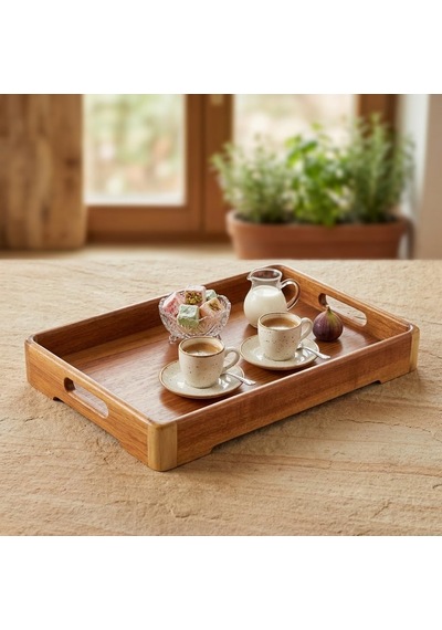 Büyük Boy Akasya Ahşap Sunum Tepsisi 40x28 Cm - Doğal Ahşap Çay, Kahve Ve Kahvaltı Tepsisi, Kulplu Tasarım