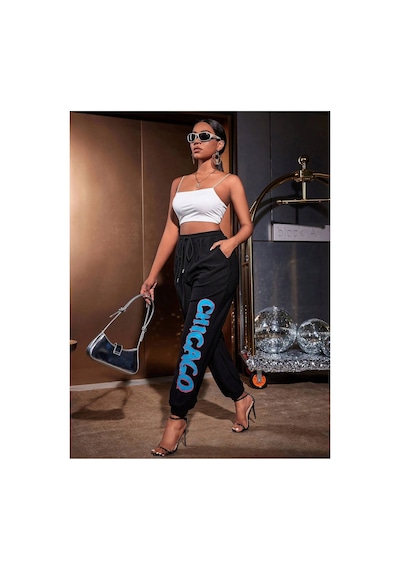 Tarzsokak Sxy Letter Graphic Drawstring Waist 4 Mevsim Eşofman Siyah