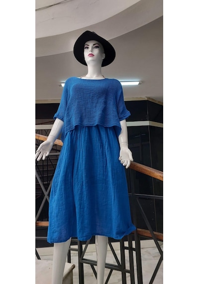 Eren Style İtalyan Müslin Keteni Üstü File Bluzlu Astarlı Tek Parça Elbise Saks Mavisi Eren Style İtalyan Müslin Keteni Üstü File Bluzlu Astarlı Tek Parça Elbise Saks Mavisi
