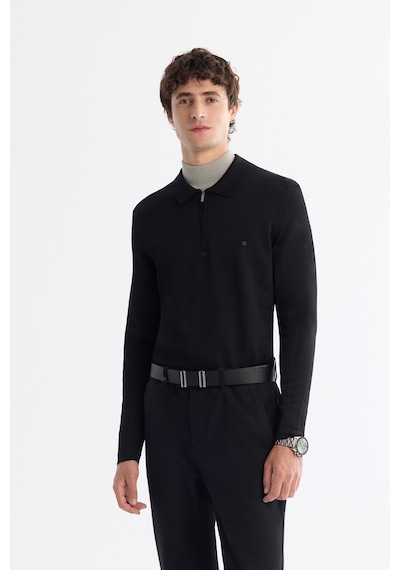 Avva Erkek Siyah Fermuarlı Polo Yaka Rayon Tüylenmeyen Regular Fit Triko Kazak A42y5009