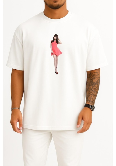 Bahriyeli Collection Oversize Yura South Korea Kcon Girl's Day K-pop Göğüs Tasarımlı Unisex T-shirt Beyaz