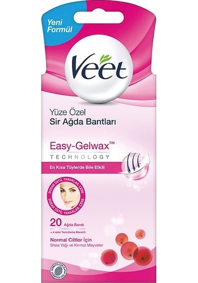 Veet Easy Gelwax Normal Ciltler için Yüz Bölgesi Sir Ağda Bantları 20'li + Temizleme Mendili 4'lü