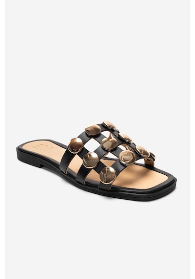 Luvishoes Bareon Siyah Cilt Hakiki Deri Bantlı Altın Tokalı Kadın Terlik
