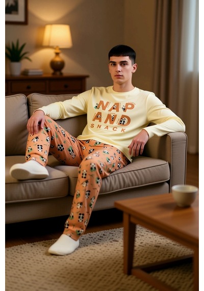 Ersefa Kız Çocuk Panda Baskılı Bisiklet Yaka Uzun Kollu Pijama Takımı Fo Bej