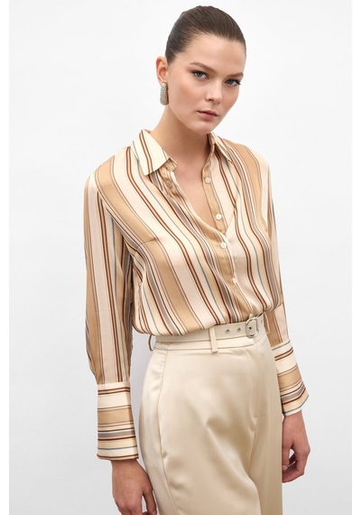 Sateen Renkli Çizgili Gömlek - Camel-136814 CAMEL