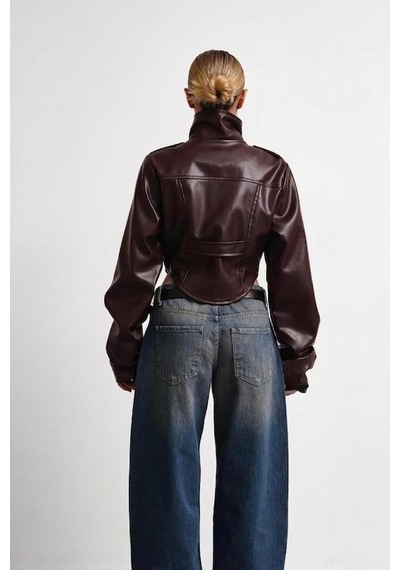 Meecy New Season Dik Yaka Motorcu Crop Kadın Deri Ceket Bordo Bordo