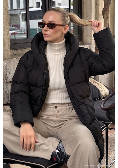 Lela Oversize Fit Kapüşonlu Şişme Bayan Mont 640Y047 Siyah
