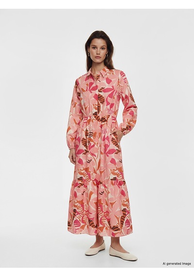 Lcw Modest Pembe Gömlek Yaka Desenli Belden Oturtma Elbise