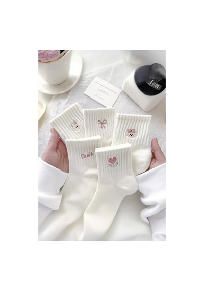 Hitit Socks Kadın 5 Çift Premium Desenli Sevimli Hayvan Ve Fiyonklu Kısa Konç Patik Çorap beyaz