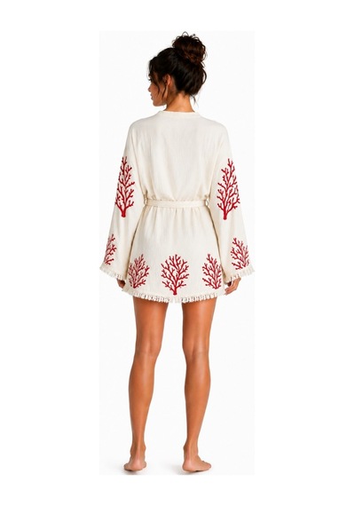 Mulberry Sedna Kadın Ekru Müslin Kimono Bornoz Kuşaklı, Püskül Detaylı, Oversize Rahat Kesim Plaj & Ev Giyim Kırmızı