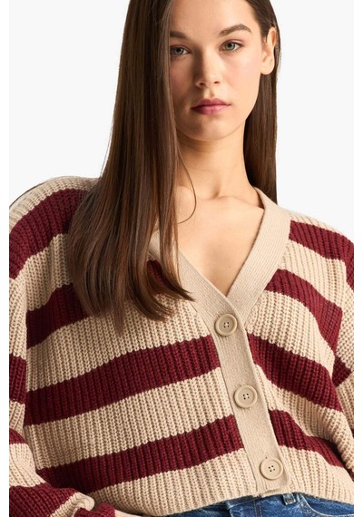 Defacto Regular Fit V Yaka Çizgili Triko Hırka Z8539az25wnbg644 Bej