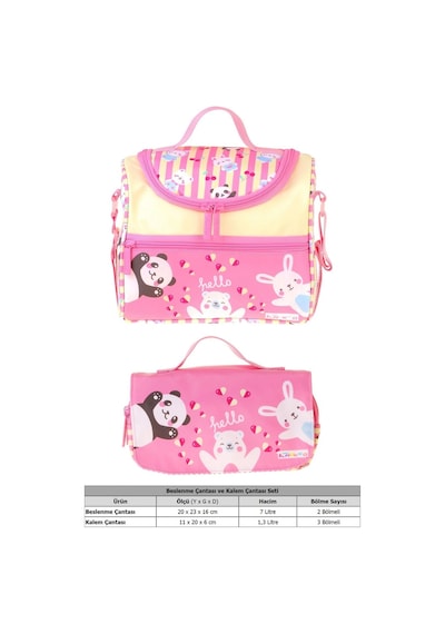 Kaukko Kids Kız Çocuk Hello Baskılı Sarı - Pembe Thermo Beslenme Çantası Ve Kalemlik Seti - Setkk-l5309