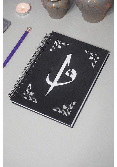 Elif Vav Siyah Ahşap Kapaklı Defter - Ajanda - Günlük - Dini Çizgisiz Defter-a5 Notebook
