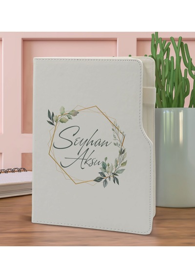 Bk Gift Kişiye Özel Çiçek Tasarımlı Beyaz Termo Deri Not Defteri 15x21cm-11