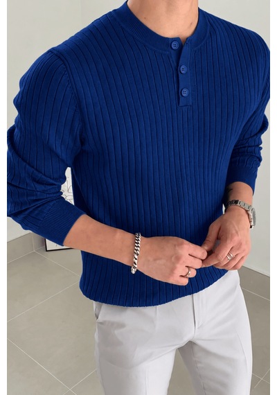 Genius Store Erkek Fitilli Henley Yaka Triko Kazak Regular Fit Düğmeli Kazak Henley-yaka Lacivert