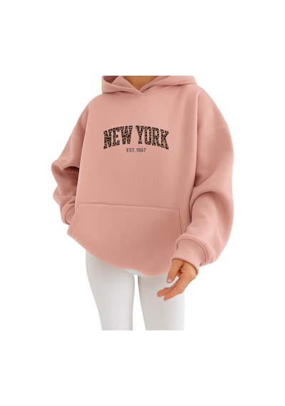 Benroma 3 İplik Penye New York Baskılı Ünisex Kapüşonlu Sweat Pembe