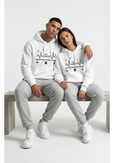 Unisex Oversize Kalp Ritmi Baskılı Çift Hoodie Beyaz
