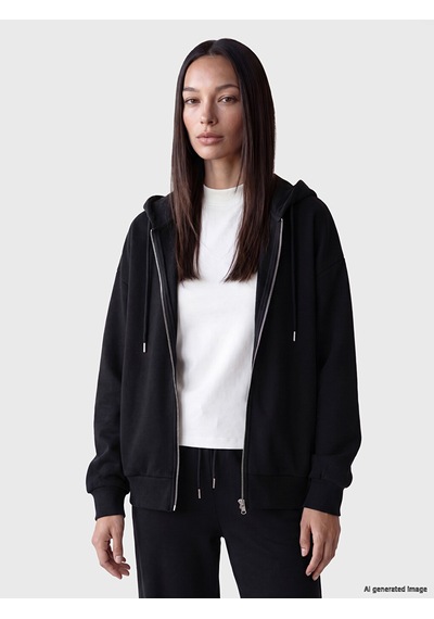 Lcw Everyday Siyah Kapüşonlu Oversize Kadın Fermuarlı Sweatshirt