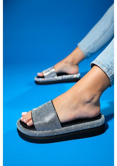 Luvishoes Oeste Siyah Taşlı Tek Bantlı Kalın Tabanlı Kadın Terlik Siyah