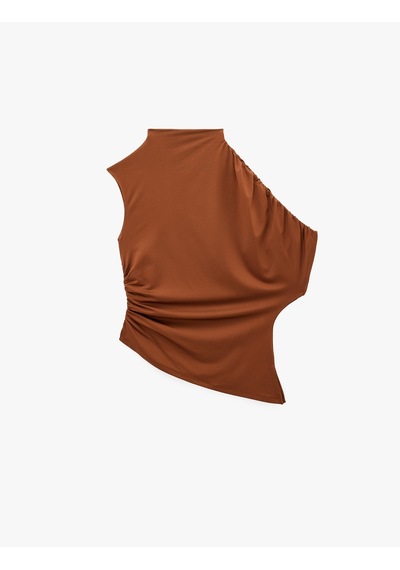 Koton Slim Fit Asimetrik Kesim Drapeli Dik Yaka Bluz Kahverengi 6sak70029ek Kahve
