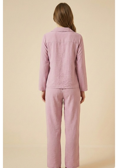 Pembe Slogan Ve Kalpli Nakışlı Dokuma Pijama Takımı
