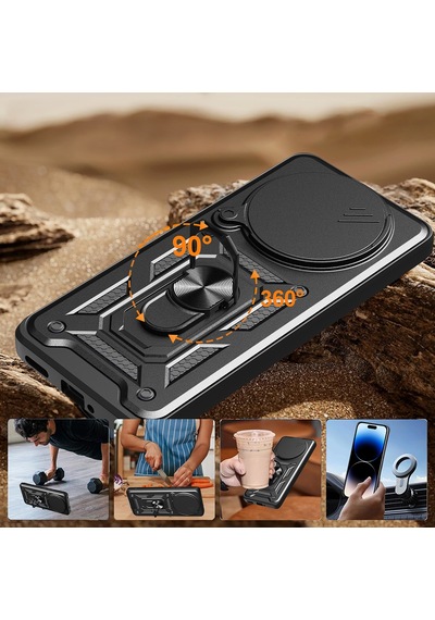 Xiaomi Redmi Note 14 Pro Plus Kılıf Magnetik Standlı Kamera Korumalı Zore Sürgülü Vega Kapak Mavi