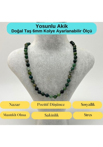 Yıldız Doğal Taş Yosunlu Akik Doğal Taş 6 MM Makrome Kolye 45 CM - 55 CM Ayarlanabilir Yeşil