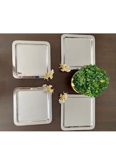 Atabey Home Collection 6 Adet Kahve & Çay & Sunum Tepsisi Metal Döküm Gümüş Tepsi Kelebek Aksesuarlı