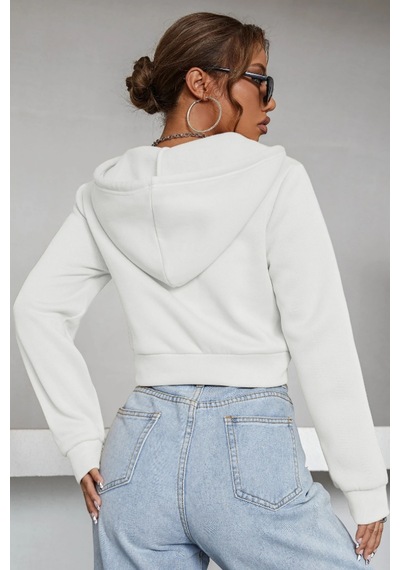 Cool Tarz Kadın Kapüşonlu Şardonlu Beyaz Renk Crop Sweatshirt Beyaz Beyaz