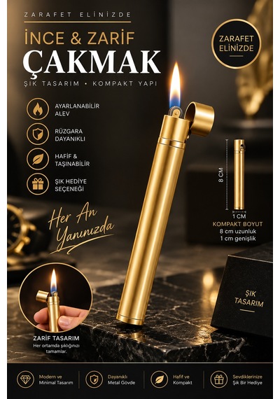 İnce Kalem Tasarımlı Gaz Dolumlu Metal Kapaklı Premium Sarı