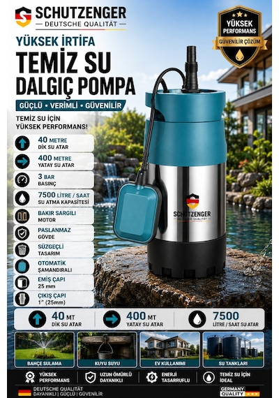 Alman 3 Hp Yüksek Basınç Su Pompası Paslanmaz Gövde Dalgıç Pompa 40 Mt Dikine Atar
