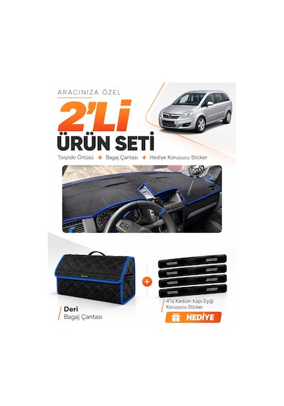 Opel Zafira B 2004-2011 Uyumlu Torpido Örtüsü + Deri Bagaj Çantası + Sticker Seti - Siyah Mavi