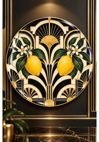 Dekoratif Duvar Tabağı Limonlu Retro Esintiler Dekorlu Seramik Tabak Sarı