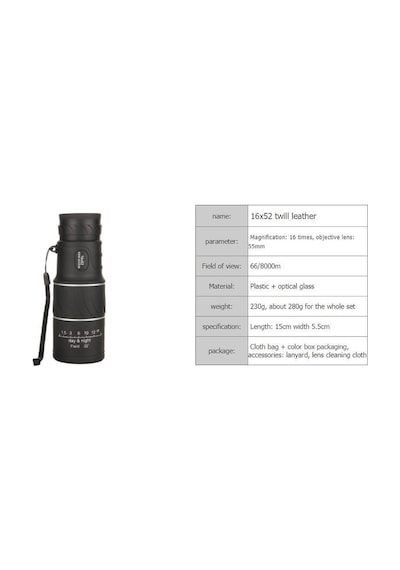 Monoküler Teleskop Dürbün 16 x 52 Optik Lens Hd Vizyon Outdoor Siyah