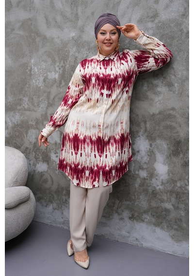 Polologin Butik Desenli Bordo Beyaz Uzun Tunik Bordo