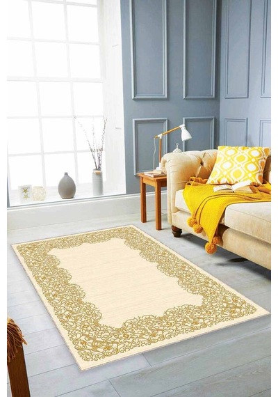Krem Gold Çerçeveli Kaymaz Tabanlı Dekoratif Halı Mk57n11 Krem - Gold