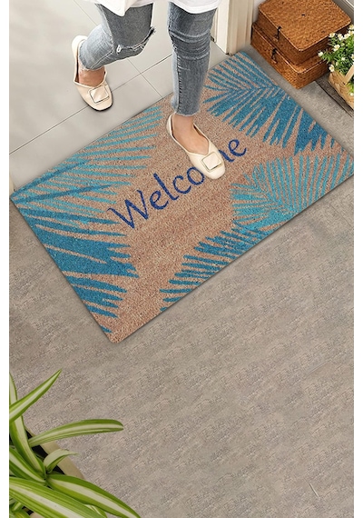 Valerine Life Mavi Palmiye Yapraklı Welcome Hoş Geldiniz Kapı Önü Paspası 45x70cm Mavi
