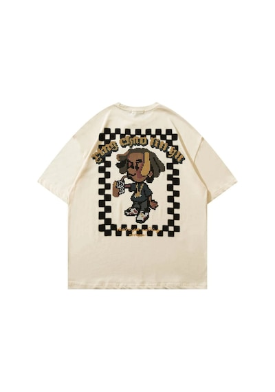 Flood Of Style Bej Pixel Karikatür Baskılı Bisiklet Yaka Oversize Erkek Tişört