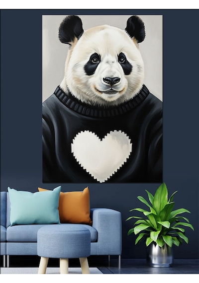 Ahşap Tablo Kalpli Siyah Beyaz Panda