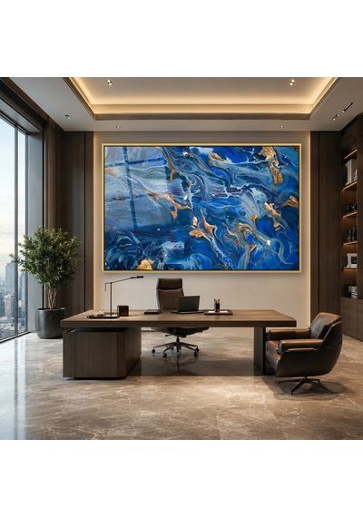 Lacivert Ve Altın Sıvı Mermer Damarı Gold Çerçeveli Cam Tablo